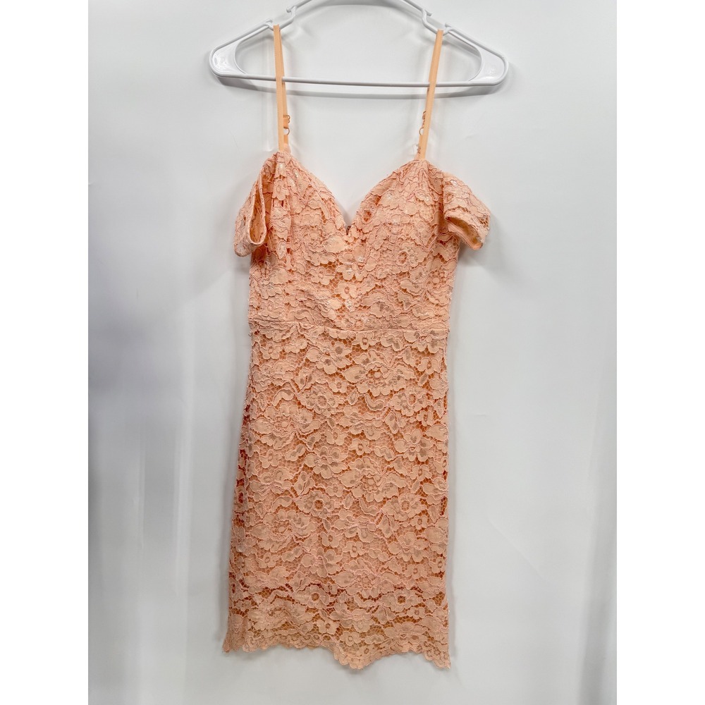 As U Wish Medium Lace Mini Dress Womens Peach Cold Shoulder Metallic Shimmer